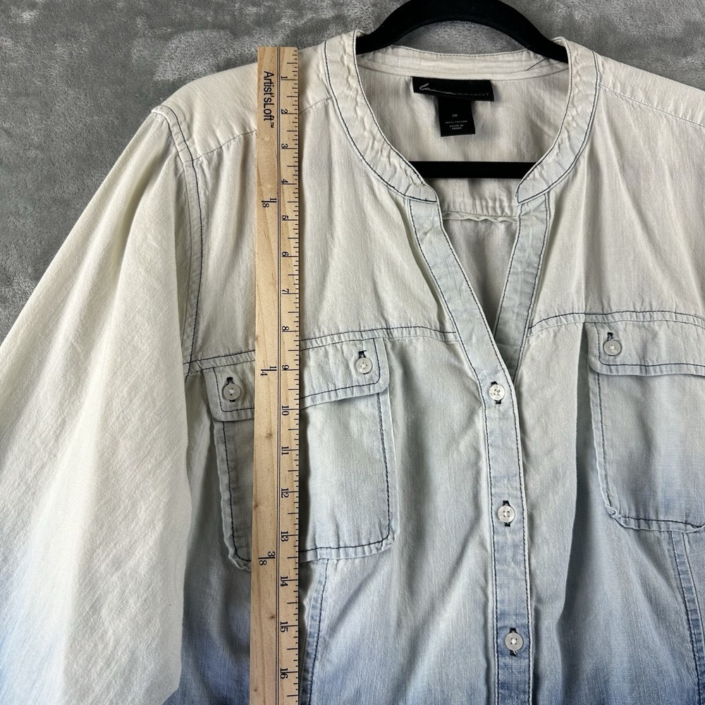 Lane Bryant Button Front Top Women's 26 Chambray Blue Ombré 100% Cotton Roll Tab - Picture 4 of 8